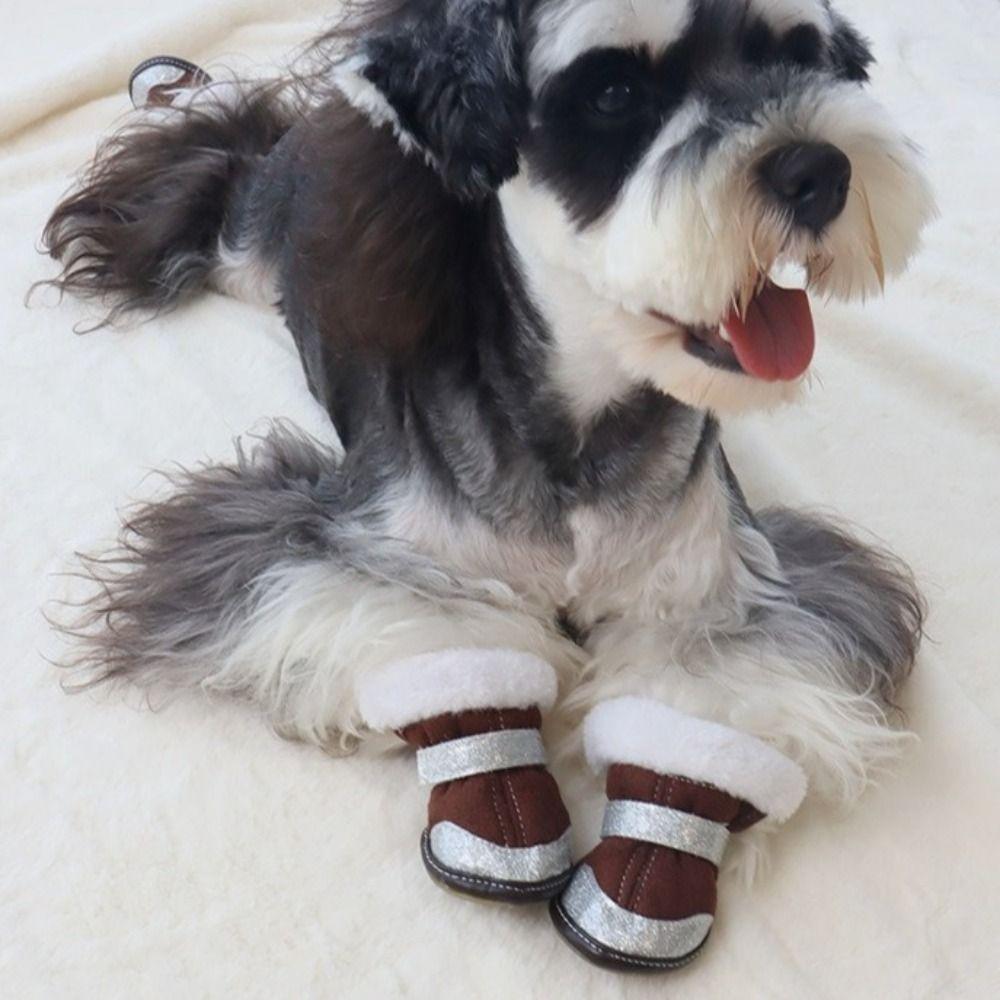 4Pcs/Set Waterproof Winter Dog Shoes Warm Thickened Anti-slip Dog Shoes Soft Sole Adjustable Puppy Boots Snow Walking
