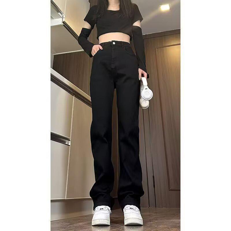 Women's Retro Gray High-Waisted Slimming Straight-Leg Jeans for Spring and Autumn