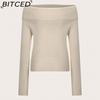 BITCED Women's Tailored Off-Shoulder Sweater Sexy Bare-Shoulder Knit Sweater Solid-Color Base Layer Knit Top