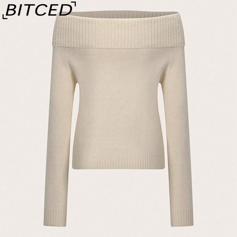 BITCED Women's Tailored Off-Shoulder Sweater Sexy Bare-Shoulder Knit Sweater Solid-Color Base Layer Knit Top