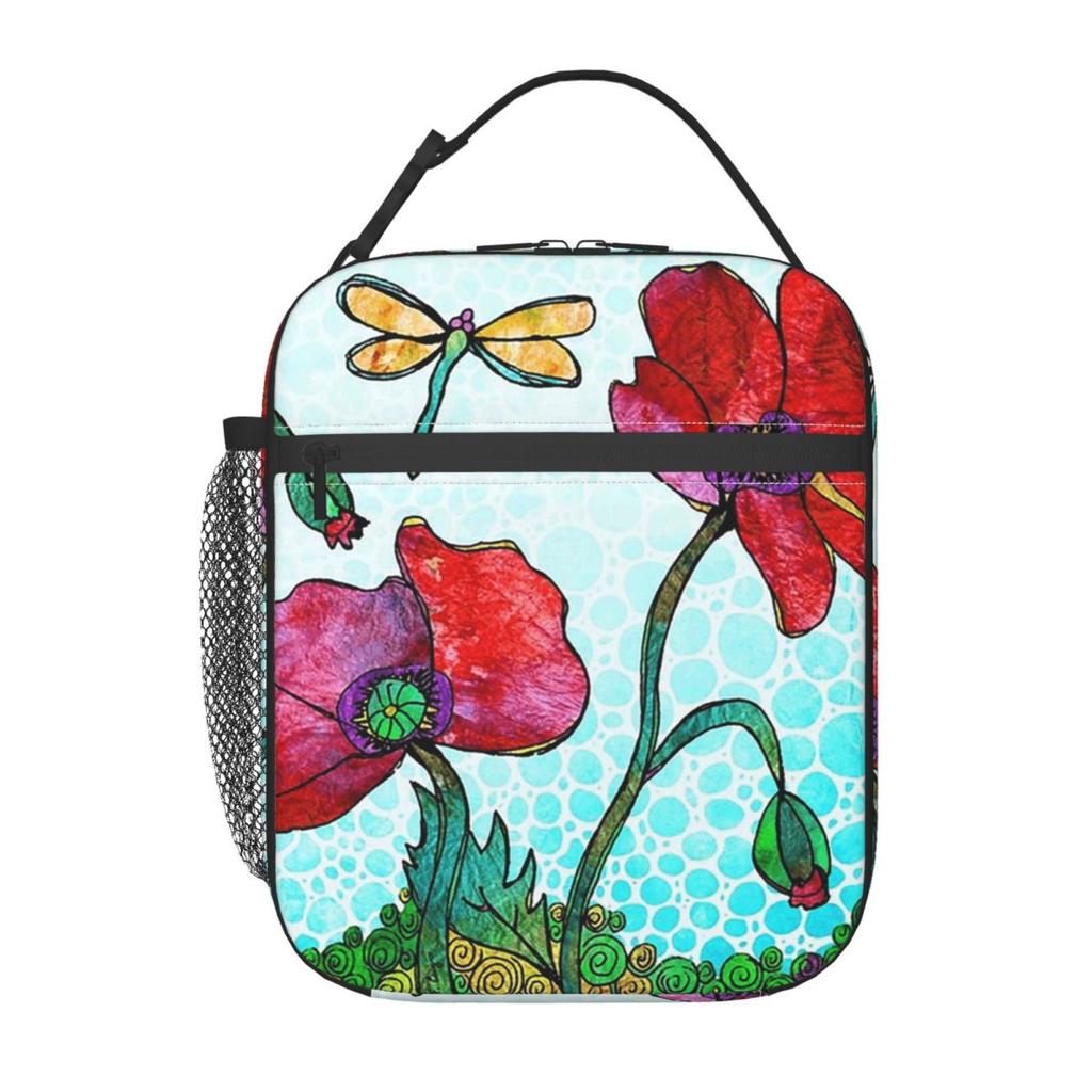 Dragonfly And Flower Painting Insulated Lunch Bag for Women Office Cooler Thermal Food Box Tote Portable Lunch Boxes Container