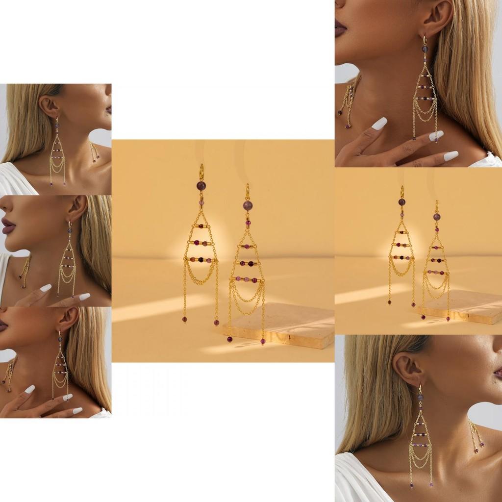 Elegant Geometric Gold Plated Purple Crystal Chain Dangle Earrings For Women