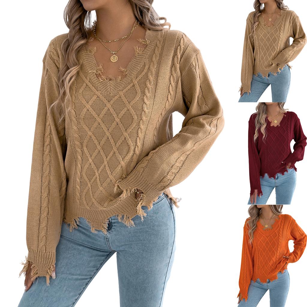Women's Casual Color V-Neck Cable Knit Long Sleeve Sweater for Everyday Wear