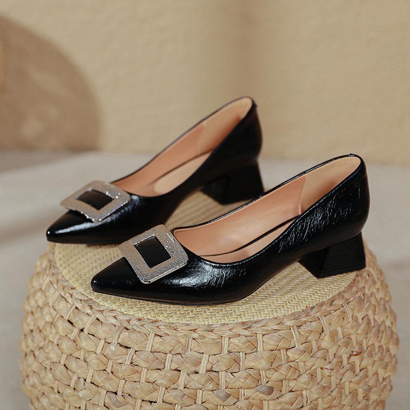 Pointed High Heels Thick Heels Are Not Tired Feet 2025 Spring New Large Size Women's Shoes Soft Leather Comfortable Shallow Low Heel Single Shoes