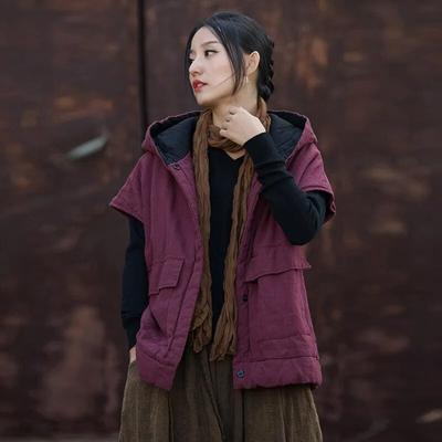 Gilets à capuche Vintage pour femmes, manteaux, boutons chauds, poches Patchwork, vêtements d'hiver, Plus gilets en coton