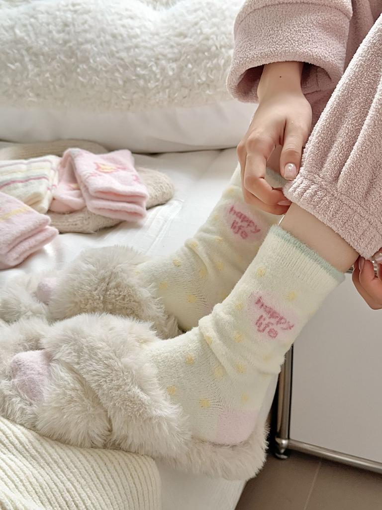 Rosa Australische Fleece Socken Verdickte Warme Socken Cartoon Gestreifte Niedliche Plüsch Haussocken