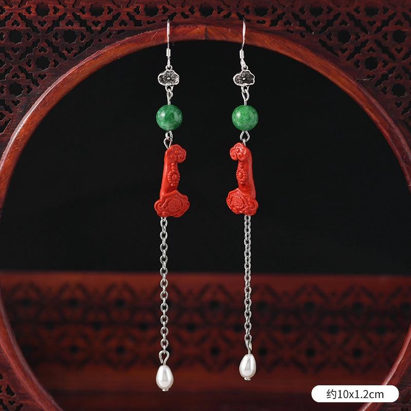 Original cinnabar earrings niche design retro long fringed earrings, natal red earrings for women