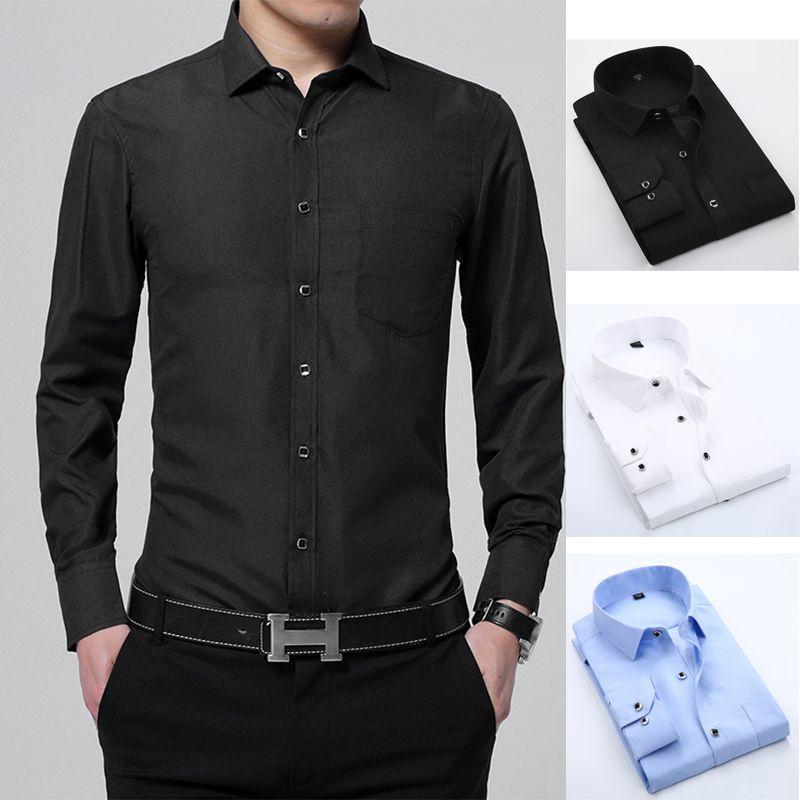 Versatile New Men's Casual Long Sleeve Slim Fit Solid Cotton Dress Shirts