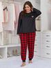 Women's Plus Size Heart Print Pajama Set - European & American Style, Long Sleeve Loungewear
