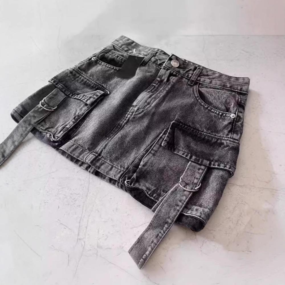 Harajuku Džínová sukně s více kapsami Vintage Goth Černá Y2k Mini sukně Móda Dámská Ležérní Všestranná Sexy Streetwear