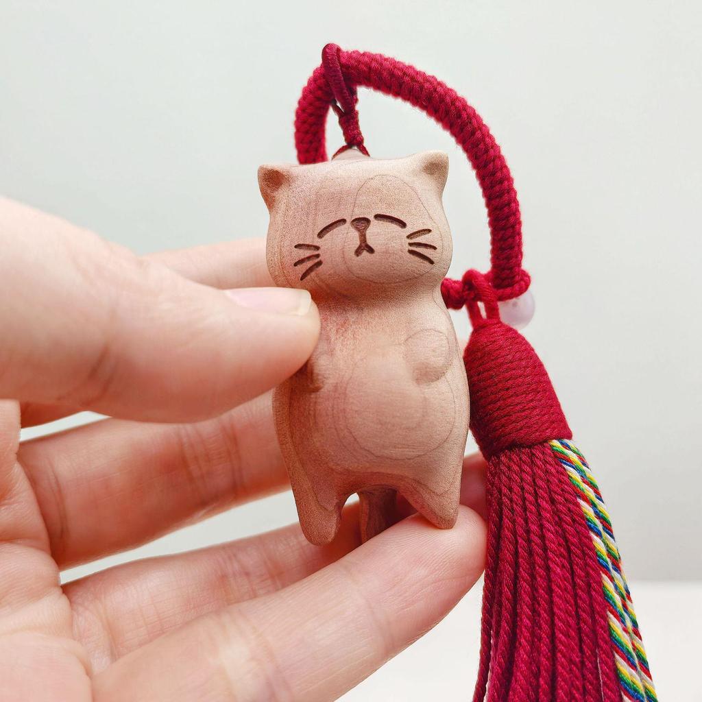 Rotten Cat Blood Cypress Beech Wood Carving: Cute Kitten Bag Charm Pendant Accessory