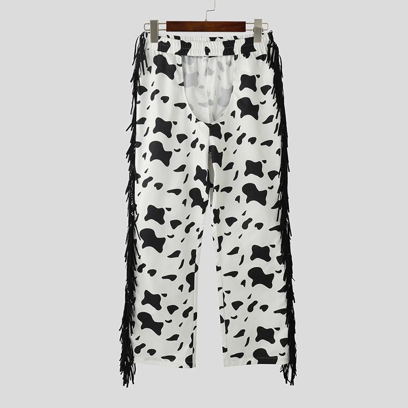 INCERUN Men Elastic Waist Cutout Tassel Hem Print Party Homewear Long Pants Trousers