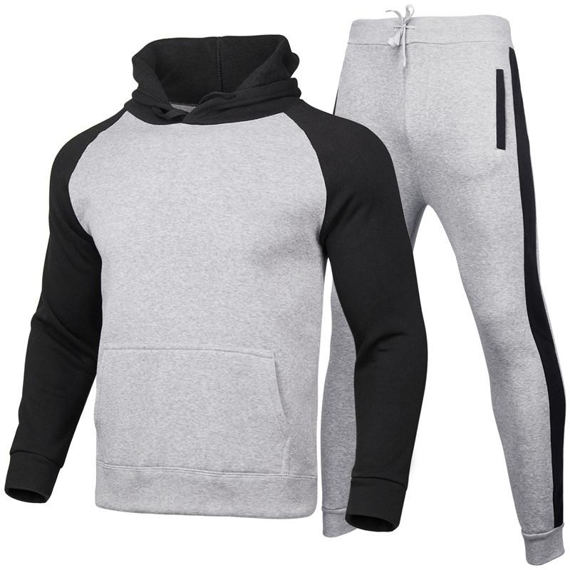 Autumn Winter Tracksuit Men Patchwork Color Hooded 2 Piece Sets Mens Outfits Suit Men Fleece Sport Hoodie Sweatpants Two Piece Sets