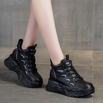 100% Genuine Leather Shoes Women Fashion Sneakers High Top Brand Ladies Height Increasing Shoes 7cm Pure Black Blue