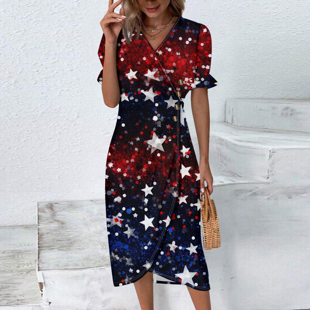 Strandkleider für Damen Frühling Sommer Elegant Wickel V-Ausschnitt Unabhängigkeitstag Print Kleid Fließend Gerafft Hawaiianisches Maxikleid