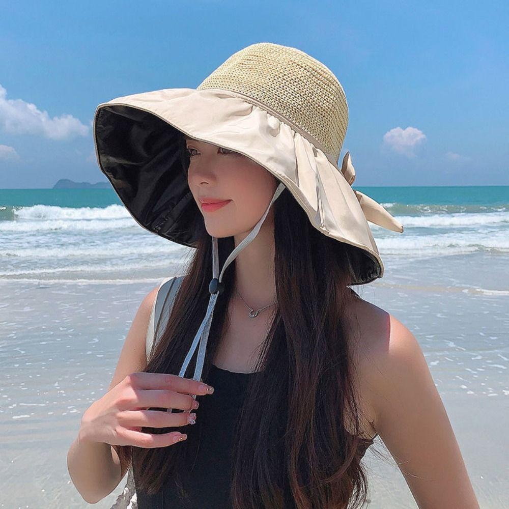 Spring Summer Sun Protection Hat Outdoor Bow Bucket Hat Trendy Wide Brim Sun Hat  for Female