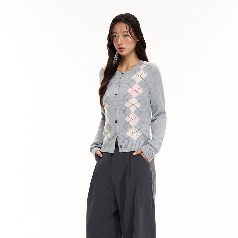 Women's Early Autumn College-Style Knit Cardigan - Color Block Diamond Pattern