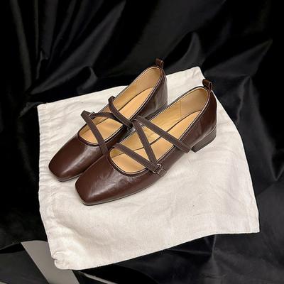 Fashion Single Shoe Women's 2025 Spring and Autumn New Leather Square Toe Cross Strap Flat Sole Single Shoe Retro Mary Jane Womens Shoes