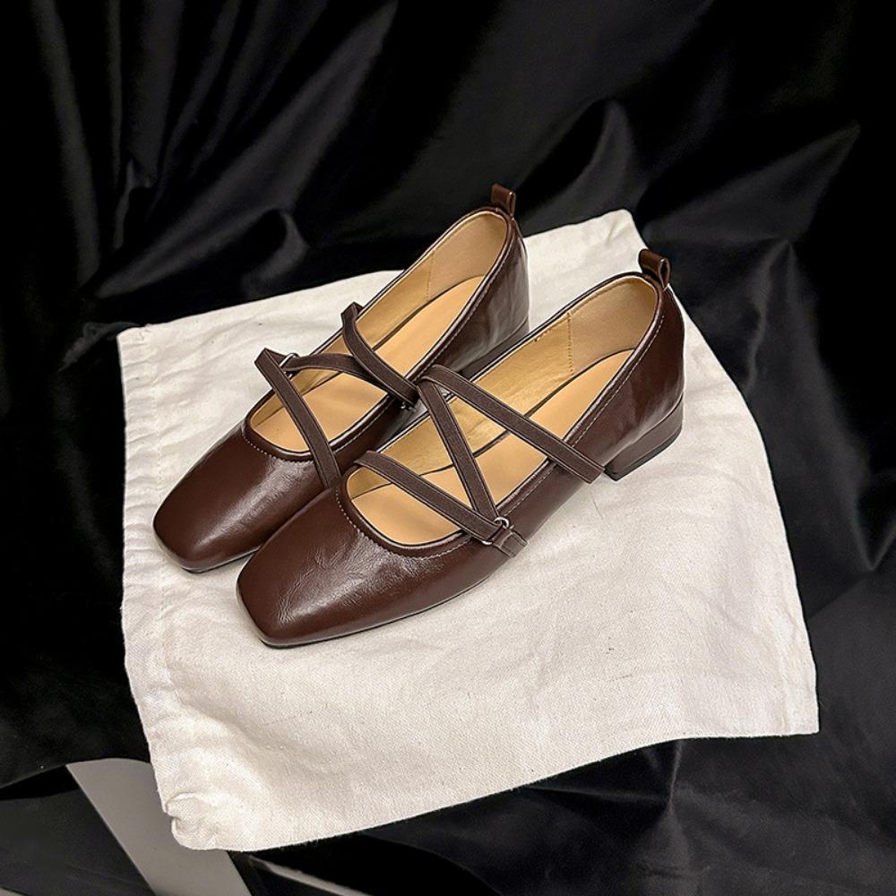 Single Shoe Women's 2025 Spring and Autumn New Leather Square Toe Cross Strap Flat Sole Single Shoe Retro Mary Jane Womens Shoes