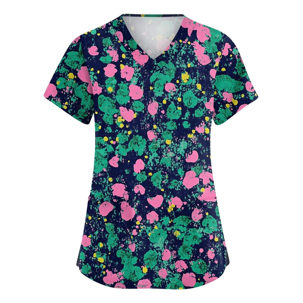 Women's Fashionable V-neck Workwear Printed Short Sleeved Pocket Side Slit Workwear Basic Pullover Top