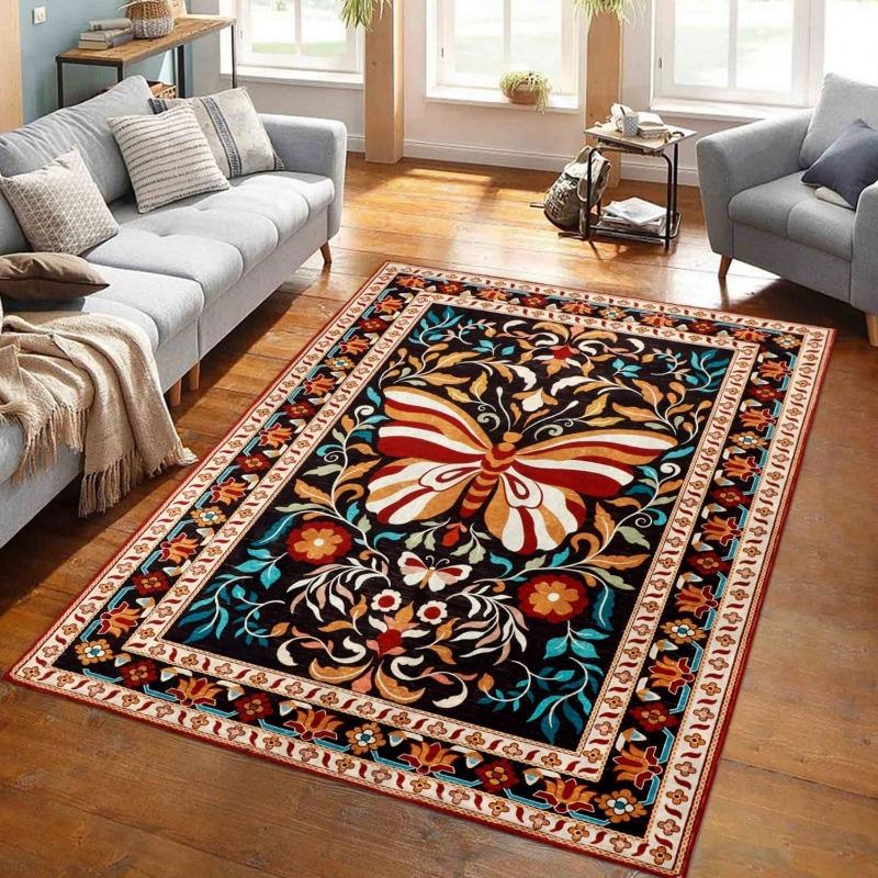 Pink Living Room Carpet Retro Butterfly Floral Print Bedroom Rug Machine Washable Non-slip Coffee Table Sofa Mats Tapis Alfombra