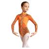 Kids Girls Dance Competition Bodysuit Printed Mesh Long Sleeve Leotard Jumpsuit with Press Button Crotch for Gymnastics Stage