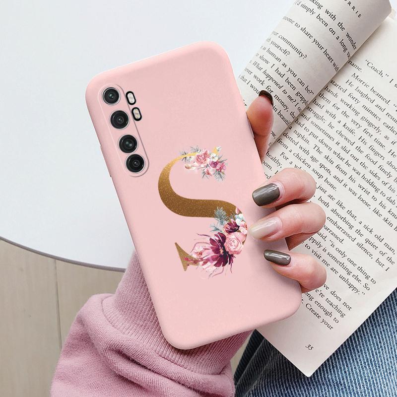Letter Case For Xiaomi Mi Note 10 Lite Back Cover Retro Flowers Pink Black Soft TPU Initial Fundas For Xiaomi Note10 Lite Coque
