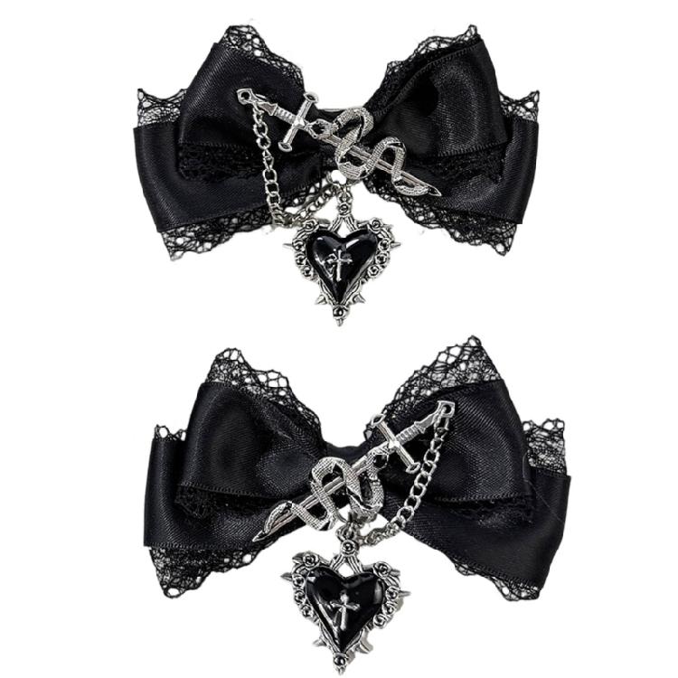 Fermaglio per capelli con design a catena a forma di cuore e fiocco, Barretta in pizzo punk per donna/ragazza, per abbigliamento casual e formale, Accessorio per capelli anime, 2 Pezzi