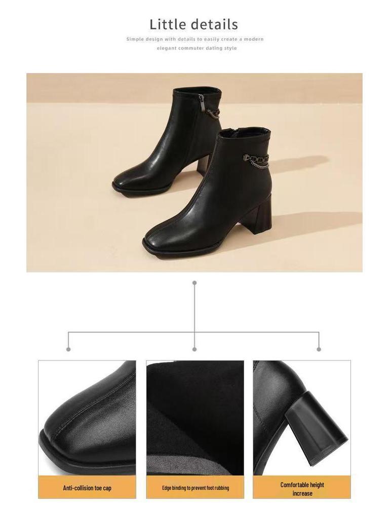 2025 Women's French Autumn/Winter Square Toe Chunky Heel High Heel Boots - Fashionable and Versatile British Style