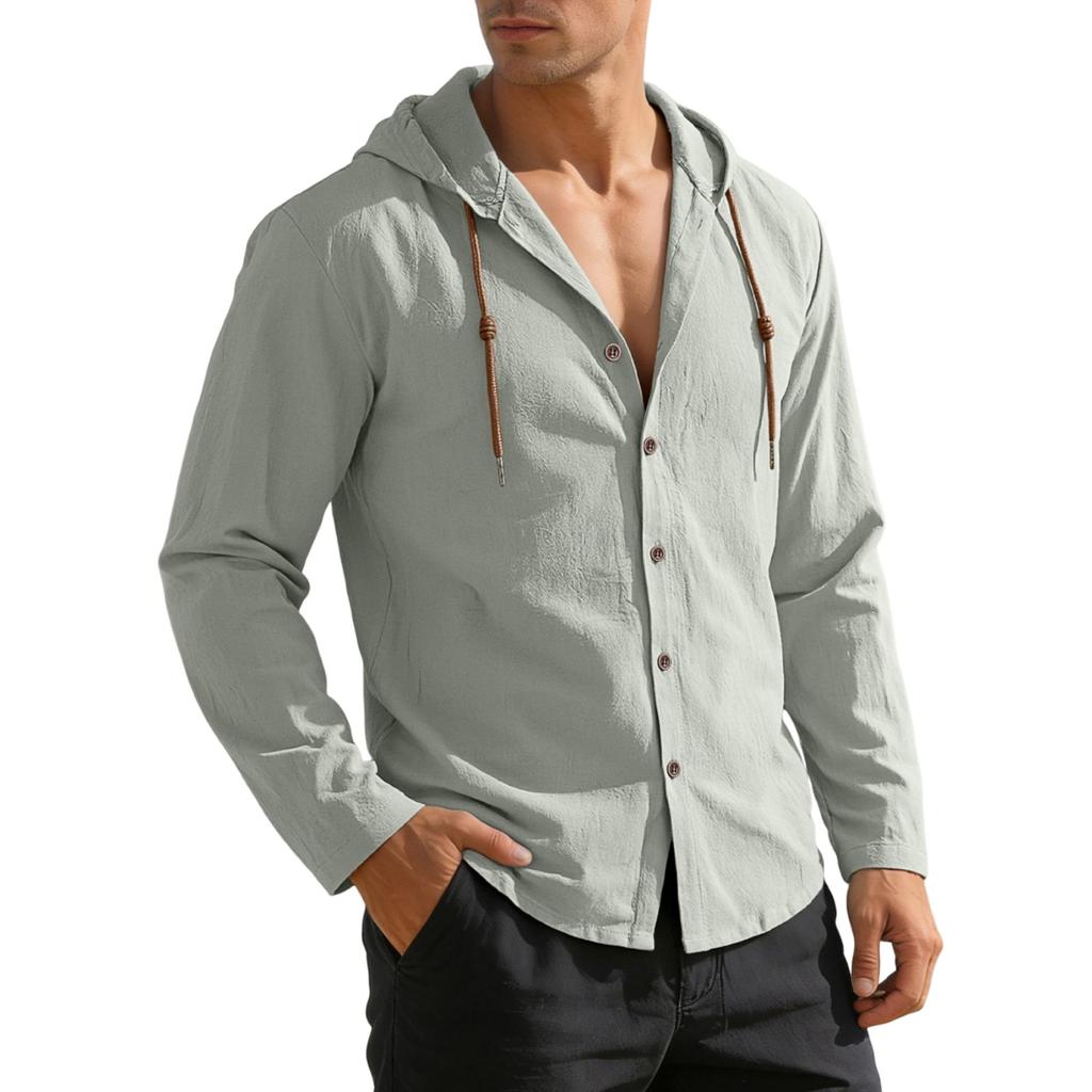 Herren Langarm Button-Down Hemd mit Kapuze Lässig Leicht Kordelzugkapuze Entspannte Passform Oberteil für den Alltag