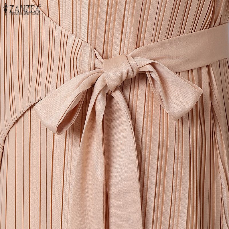 ZANZEA Women Elegant V-Neck Casual Sleeveless Pleated Long Dress