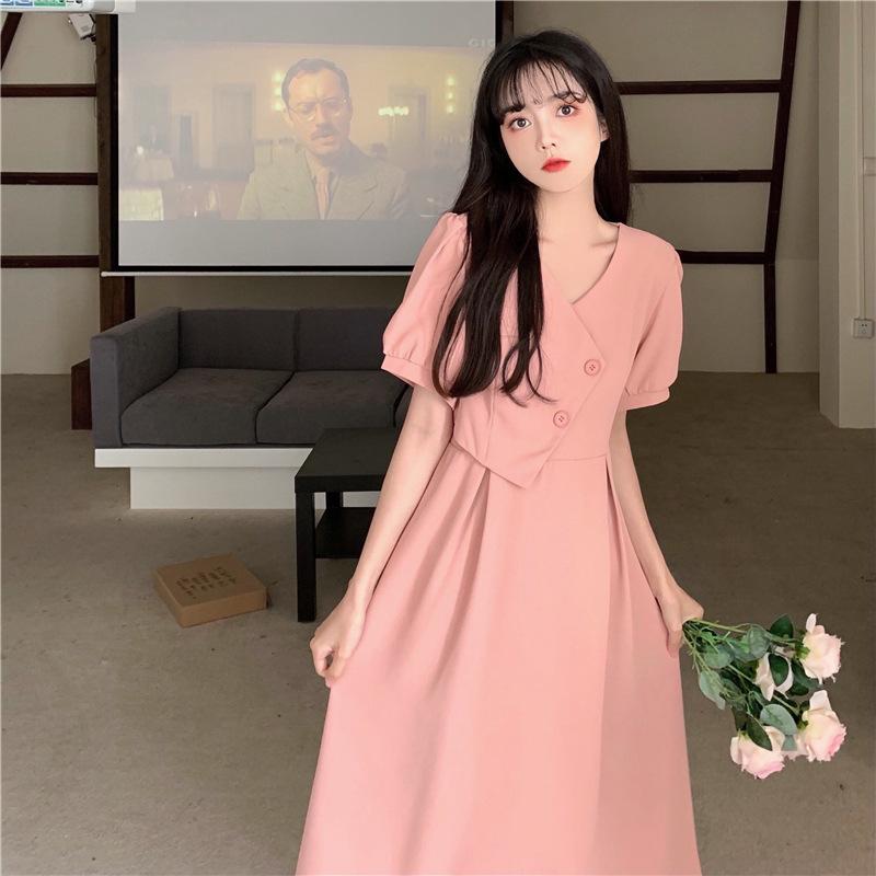 Large size French age-reducing V-neck dress women's summer new design, waist and thin, sweet pink medium and long dress