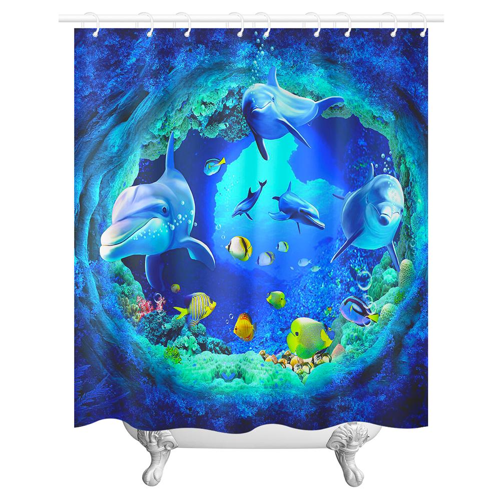 Underwater Dolphin Shower Curtain Marine Life World Travel Sea Diving Ocean Print Bathroom Decor Set with 12 Hooks Waterproof