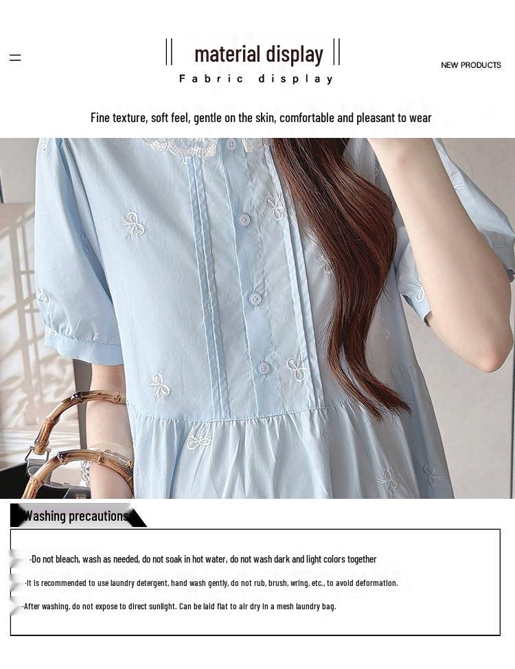2026 Summer Collection: Sweet Bow Embroidered Loose Cotton Maternity Dress, Short-Sleeved