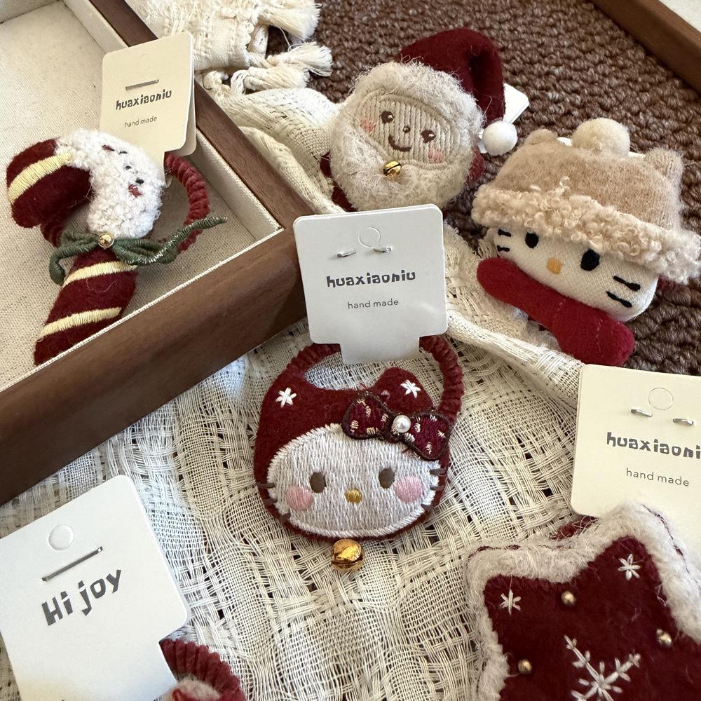 Handmade Red Reindeer & Cat Embroidered Christmas Hair Scrunchies