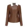 Women Fashion Slim Fit Pu Leather Jacket Long Sleeve Lapel Collar Zipper Fall Winter Coat