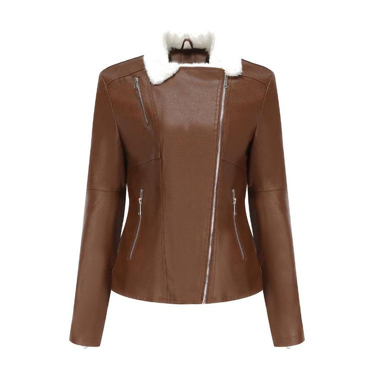 Women Fashion Slim Fit Pu Leather Jacket Long Sleeve Lapel Collar Zipper Fall Winter Coat