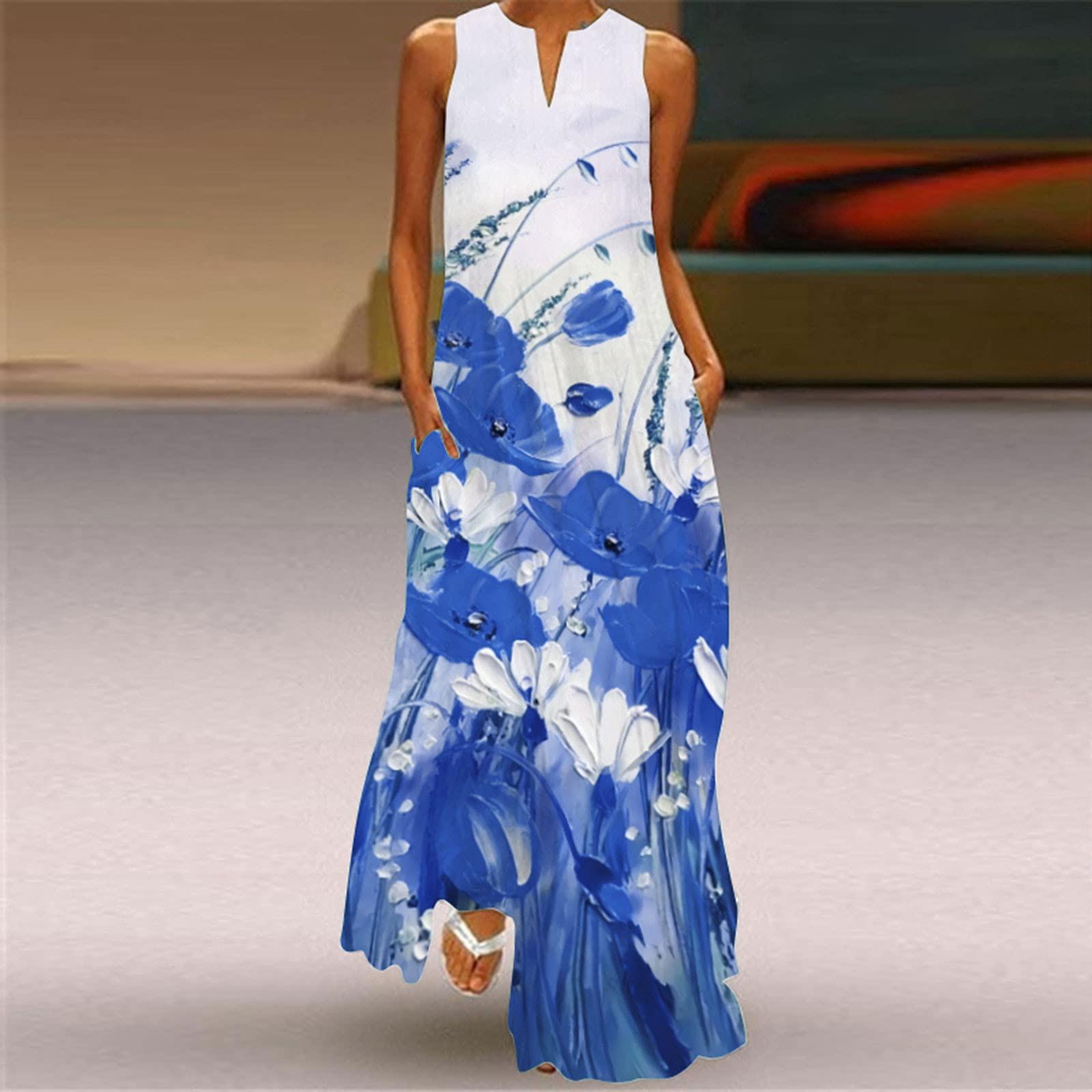 

Women s Summer Maxi Dress, Ladies Casual Loose Maxi Skirt Sleeveless Floral Print Beach Maxi Dress With Pockets Pleated Dress Cotton Dress Beach Dress XXL