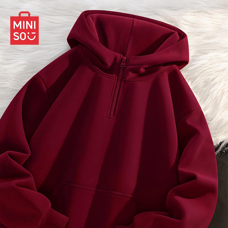 

MINISO Men s Fleece-Lined American Retro Half-Zip Hooded Sweatshirt 3XL