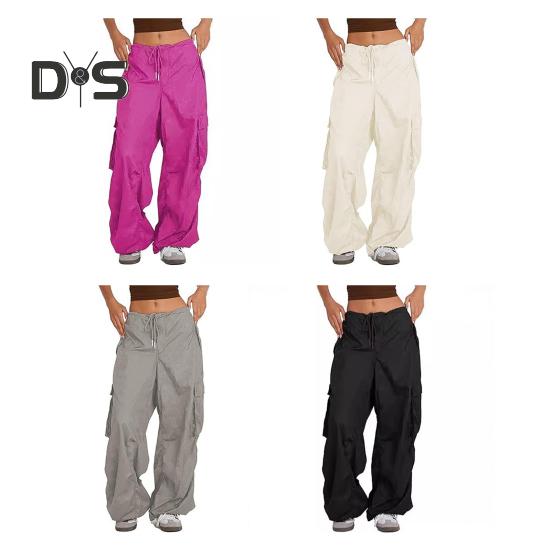 Dámské cargo kalhoty nastavitelné stahovací šňůrkou široké nohavice letní kalhoty s mnoha kapsami nízký pas jednobarevné dlouhé kalhoty