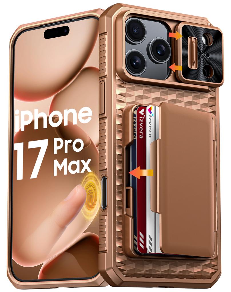 Protective Wallet Case with Card Holder, Kickstand and Camera Cover for iPhone 17 Pro Max-Orange