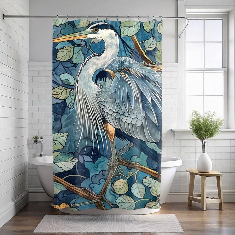 Blue Heron William Morris Style Shower Curtain - Coastal Bathroom Decor & Bath Accessories