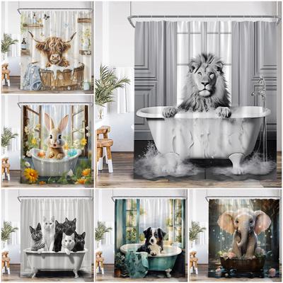 Funny Animals Bathing Shower Curtains Highland Cow Pigs Rabbits Dogs Bathtub Bathroom Decor Polyester Bath Curtains with Hooks