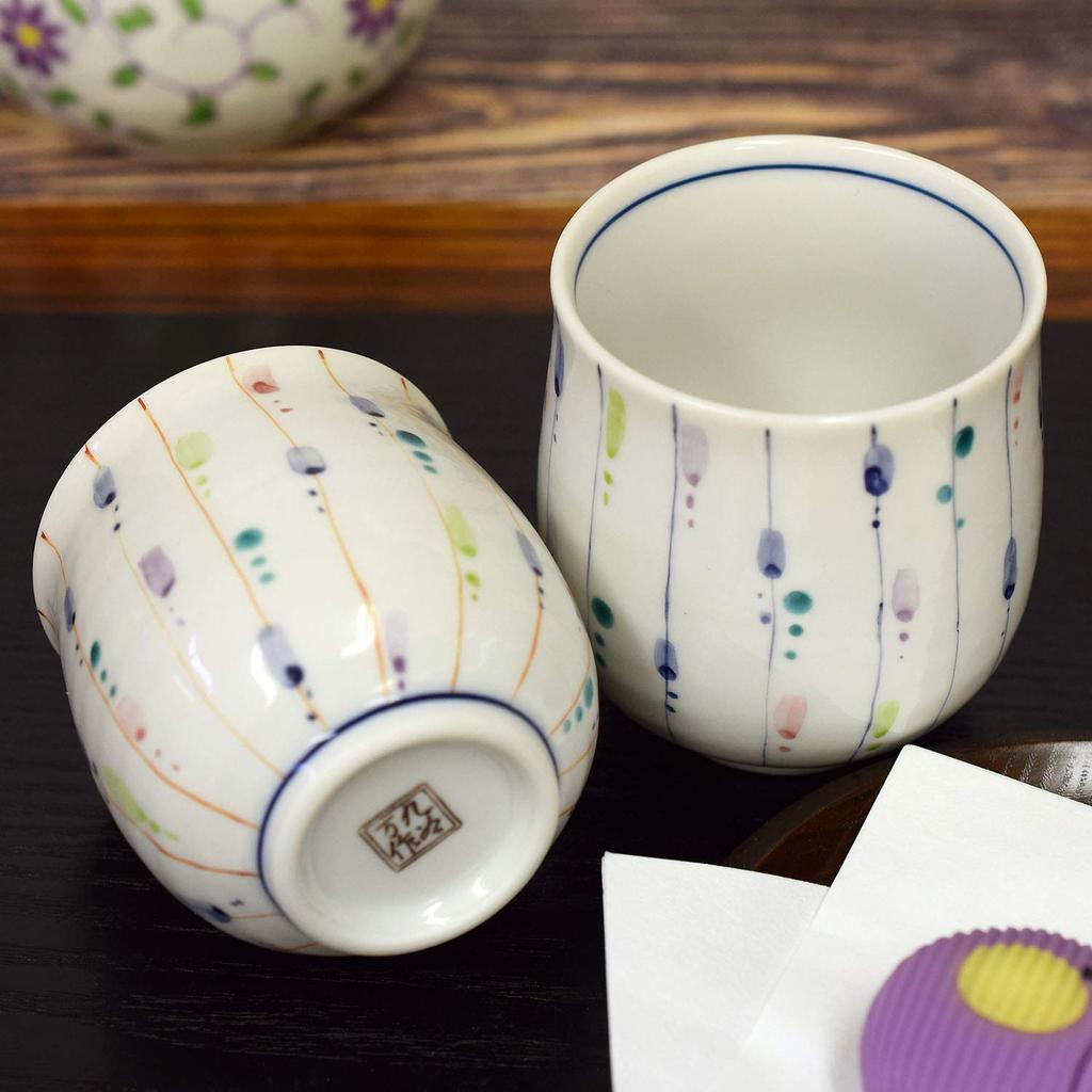Waza no Kura Stylish Pair of Kutani Ware Saijukusa Made in Perfect Gift for Wedding 60th 70th 77th 80th and 88th Teacups, Design, Japan,