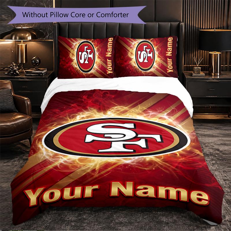 San Francisco 49ers Customized Name Text Bedding Set, 1 Duvet Cover & 2 Pillowcases Personalized Bedroom Gift