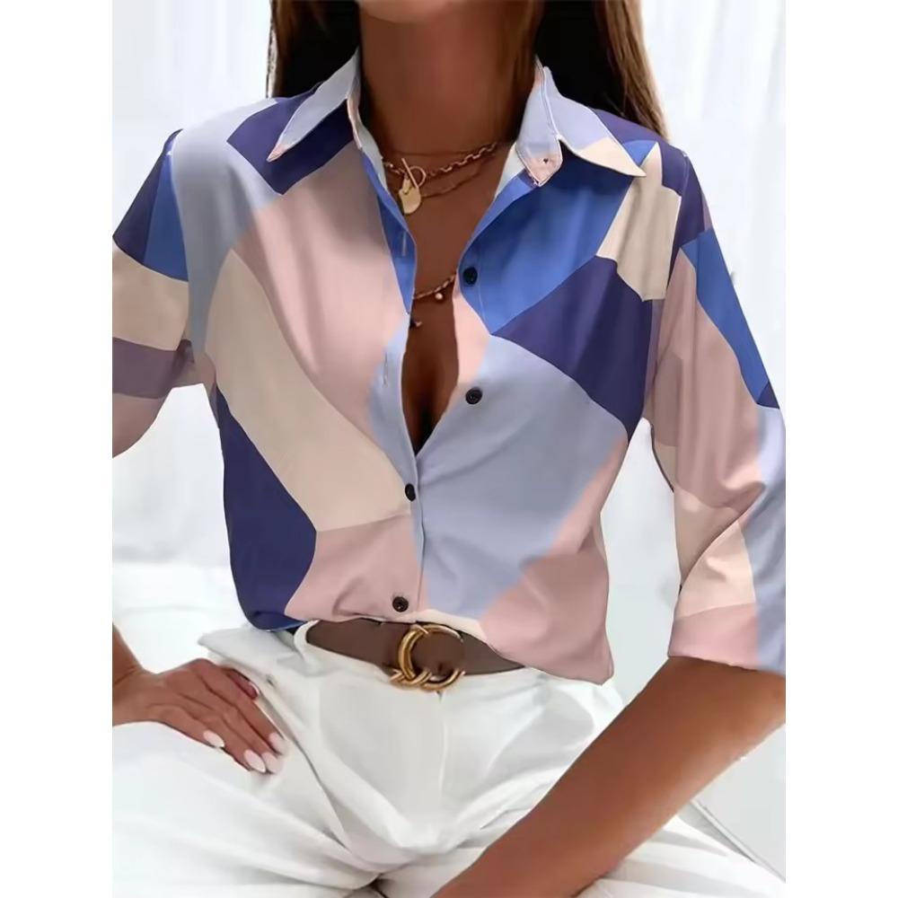 Women's  Fashion Geometric Buttons Blouse Lapel Neck Blouse Womens Long Sleeve Shirts Womens Clothing Female Clothing