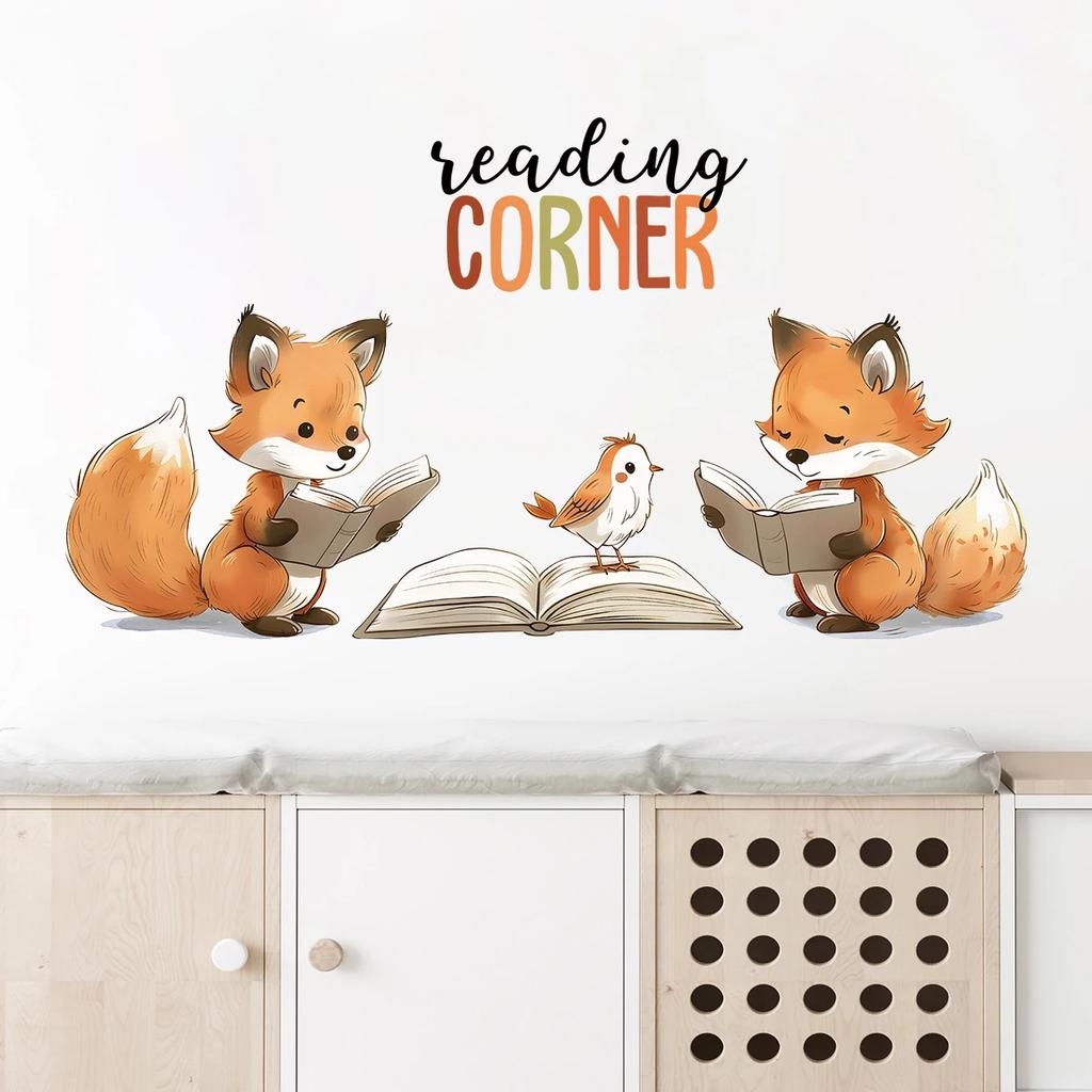 1Pc Cartoon Cute Reading Fox Furniture Wall Stickers Baby Room Home Essentials Kids Room Decor Living Room Decoration Bedroom