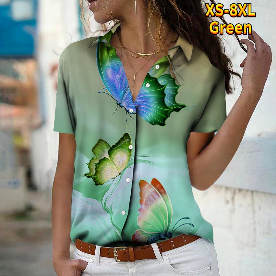 2025 Summer New Fashion Women's Butterfly Printed Short Sleeve V-neck Casual Button-down Shirt Top