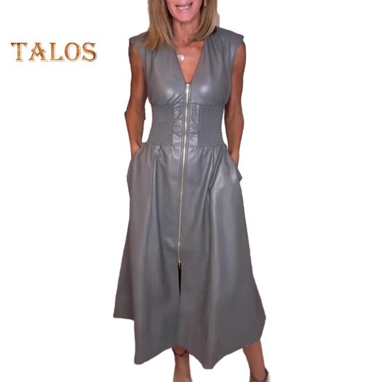 

Женское длинное платье из искусственной кожи с застежкой-молнией спереди, V-образным вырезом, без рукавов, со сборками и высокой талией, плиссированное платье для вечеринок в ночном клубе M серый