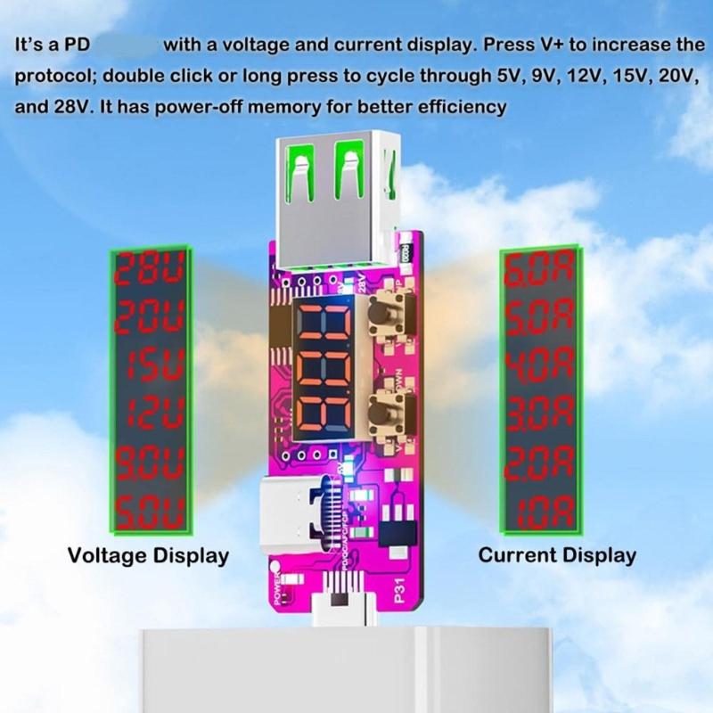 Type C Voltage Current Tester Double Input PD3.1 28V Starts & Multifunctional Power Detectors Suitable for Factory Test